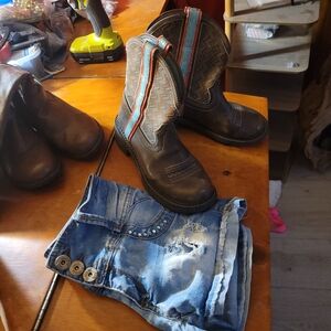 Justin Fat Baby Brown Leather Cowboy Boots with Blue Denim Shorts